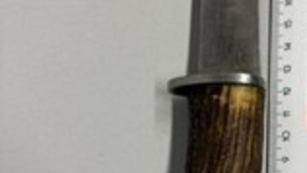 Kleines Messer mit gebogener Klinge und Holzgriff neben einem Lineal.
