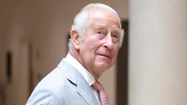 König Charles III. trägt einen hellgrauen Anzug mit weißem Hemd und einer gemusterten Krawatte.
