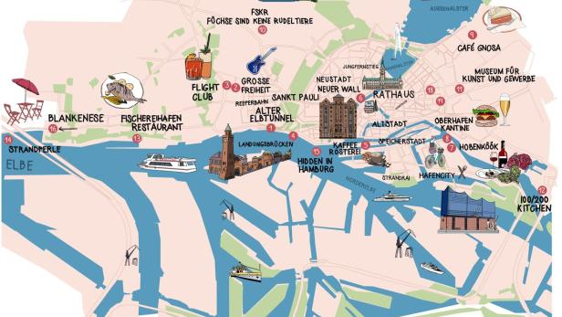 Eine Stadtkarte mit Sightseeingtipps in Hamburg