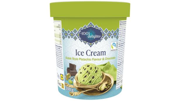 Produktrückruf: „1001 delights Dubai Style Schokolade Pistazien Eis, 500ml/300g”