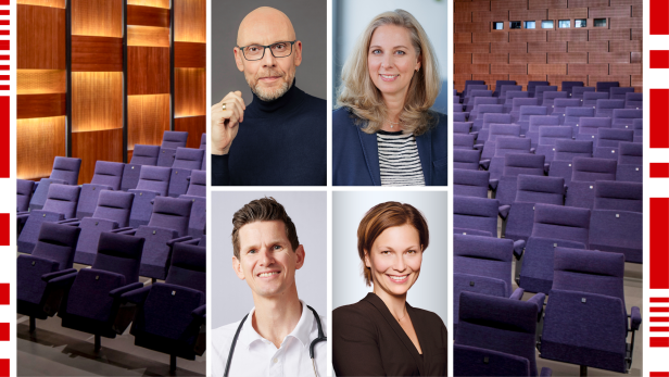 Georg Wawschinek, Daniela Uhlik-Kliemstein, Robert Fritz, Sandra Baierl - Fotomontage vor Saal des Blickle Kinos in Wien