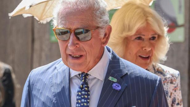 König Charles III. und Königin Camilla spazieren unter einem Sonnenschirm, wobei der König einen blau gestreiften Anzug mit Elefantenkrawatte trägt.