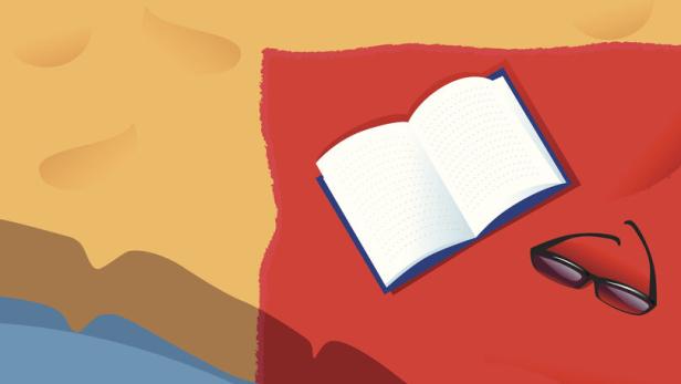 Abstrakte Illustration mit offenem Buch, Brille und großem Kreis in Blau, Rot und Beige.