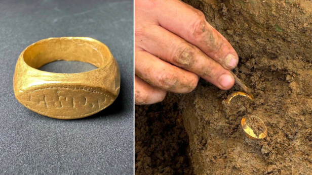 Goldring mit Brahmi-Gravur von der Ausgrabungsstätte Don Yai Thong in der thailändischen Provinz Phetchaburi.
