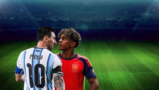 Foto-Collage von Lionel Messi und Lamine Yamal vor einem Fußballfeld.