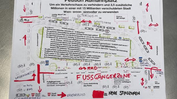 Markierte Petitionsgrafik zu Aumannplatz in Wien mit Verkehrsplan und handschriftlichen Anmerkungen.