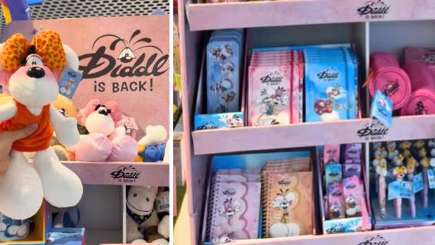 Diddl-Plüschfiguren und Schreibwaren in einem Präsentationsregal mit „Diddl is back!“.
