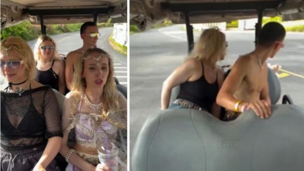 Vier Personen sitzen in einem Golfcart, als eine davon plötzlich rausfällt und eine weitere Person nachspringt