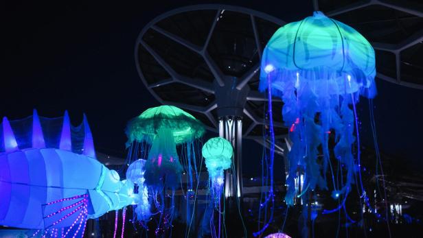 Leuchtende Quallen-Installationen in Blau und Grün hängen in einer dunklen Halle, darunter stehen Besucher.