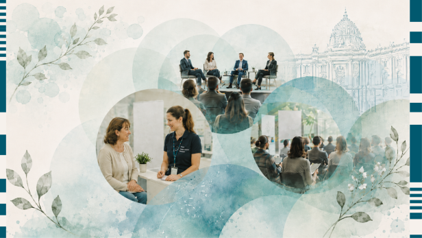 KI-generiertes Bild, eine Collage aus Arzt-Beratungsgespräch, Podiumsdiskussion und Publikumsraum