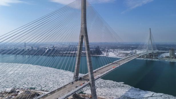 FILE PHOTO: Gordie Howe International Bridge, under construction and to link Detroit, Michigan with Windsor, Ontario