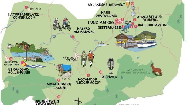 Eine illustrierte Karte zeigt Ausflugsziele wie Lunz am See, Göstling an der Ybbs, das Hochkar und das Wildnisgebiet Dürrenstein-Lassingtal.