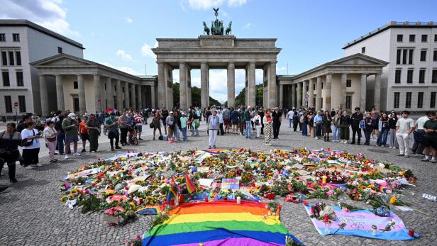 Makeshift memorial after a deadly incident near Berlin's annual Christopher Street Day Pride parade, in Berlin.