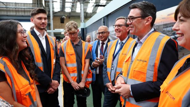 British Prime Minister Andy Burnham unveils new technical educational routes aimed at tackling youth unemployment, in Derby