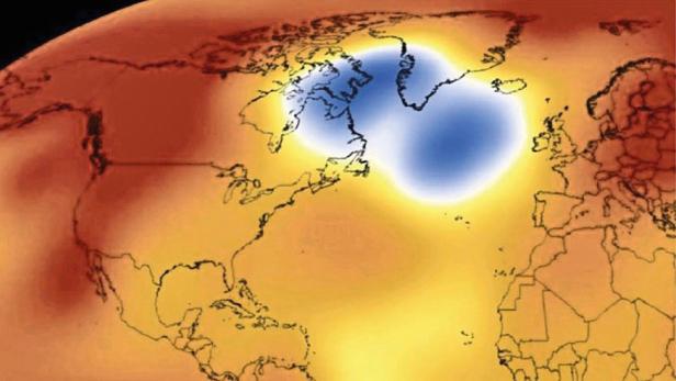 Satellitenkarte mit Kälteloch in blau südlich von Grönland