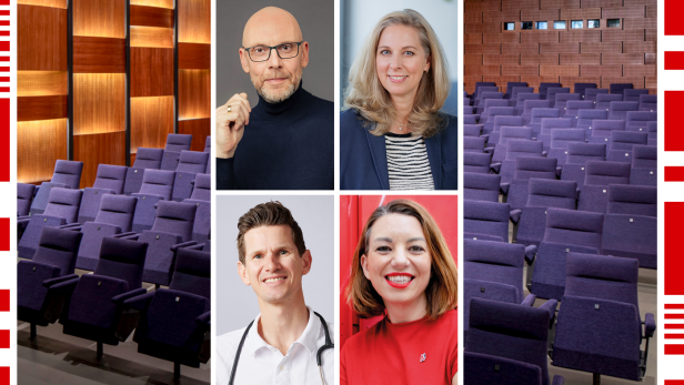 Leere Kino-Reihen im Blickle Kino und Porträts der Sprecher:innen Georg Wawschinek, Daniela Uhlik-Kliemstein, Robert Fritz und Stefanie Winkler-Schloffer.
