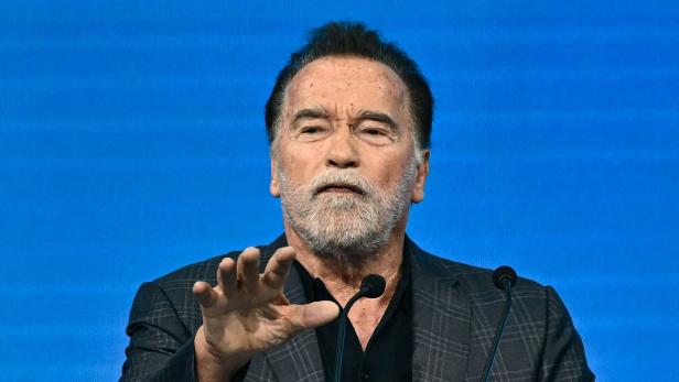 Arnold Schwarzenegger spricht vor einem blauen Hintergrund und gestikuliert mit der Hand.
