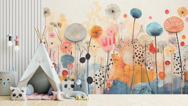 Bunt bedruckte Kinderzimmerwand mit Zelt, Kissen und Deko.