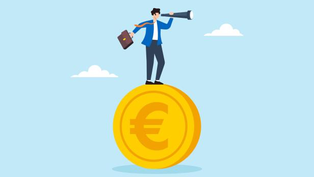 Flat illustration of businessman investor stand on euro coin using telescope to predict Europe economy