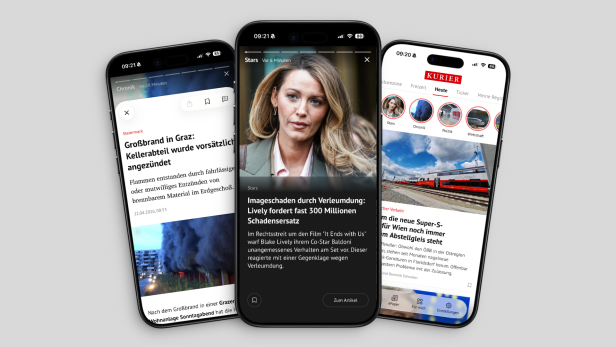 Mockups von drei Telefonen auf denen man eine mobile App des KURIER sehen kann.