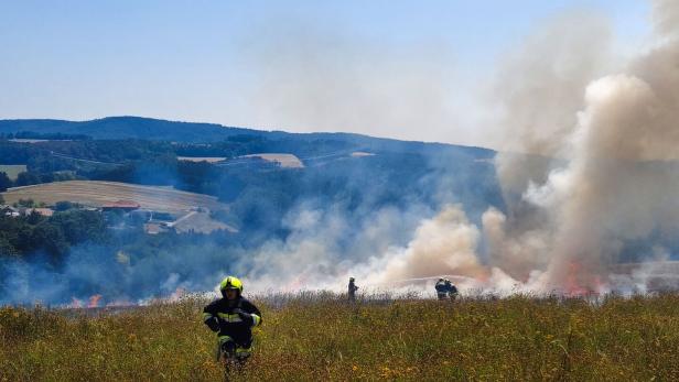 Feuerwehrleute bekämpfen einen Flächenbrand auf einem Feld, dichtes Rauch steigt auf.