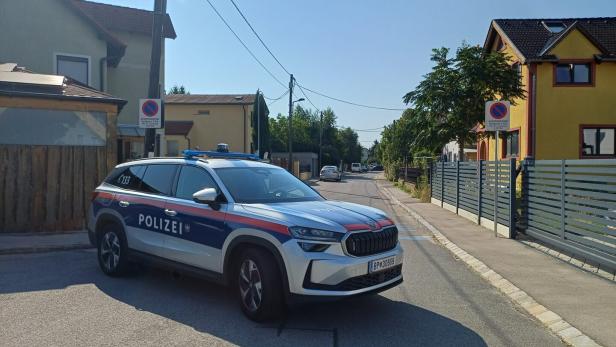 Polizeiauto blockiert eine Wohnstraße zwischen Häusern im Sonnenschein.