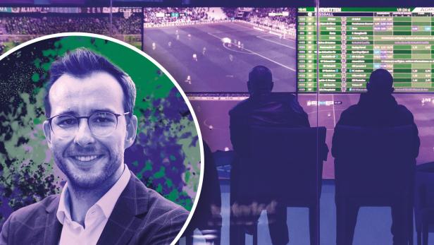 Ex-ÖVP-Sprecher Paul Olsacher, dahinter Männer, die vor Bildschirmen mit Sportspielen und Wettquoten sitzen