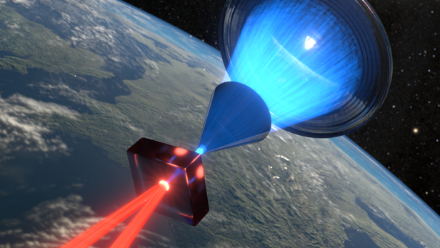 Konzept eines Zylinders, der das Sonnenlicht bündelt und es durch einen Verstärker leitet, wobei Laserstrahlen herauskommen. Die Konstruktion schwebt im All
