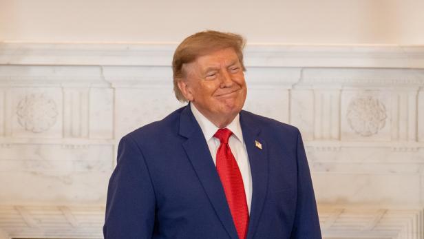 Donald Trump im blauen Anzug mit roter Krawatte vor einem Kamin, leicht lächelnd.