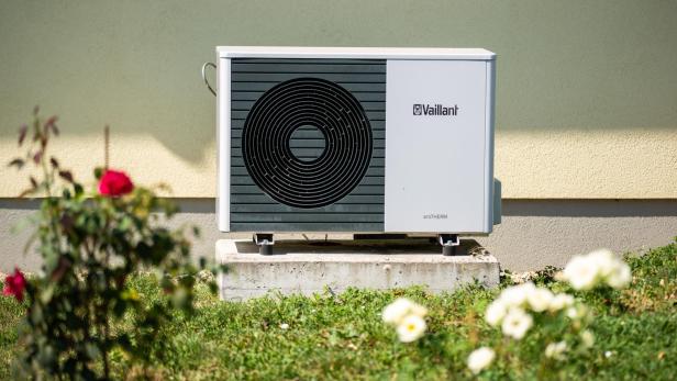 Vaillant-Wärmepumpe auf einem Betonsockel vor einer Hauswand, im Vordergrund unscharfe Blumen und Rasen.