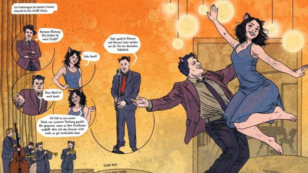 Comicartige Tanzszene auf einer Bühne mit Band, Sprechblasen und einem Paar im Foxtrott, im Zentrum eine Frau im blauen Kleid.