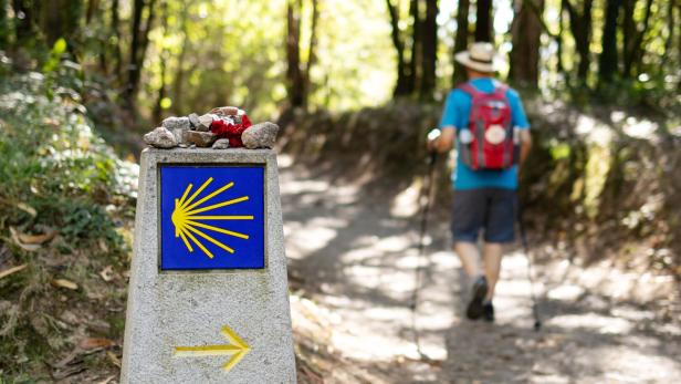 Wanderer mit rotem Rucksack geht auf einem Waldweg am Jakobsweg-Schild vorbei.