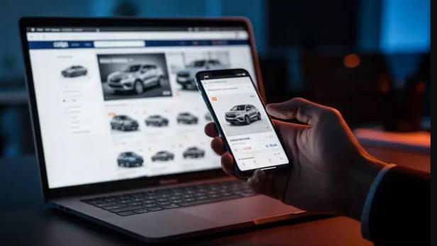 Ein Laptop mit einer Autoverkaufsplattform neben einem Smartphone, das die Gefahr von Online-Betrug bei Autokäufen symbolisiert.
