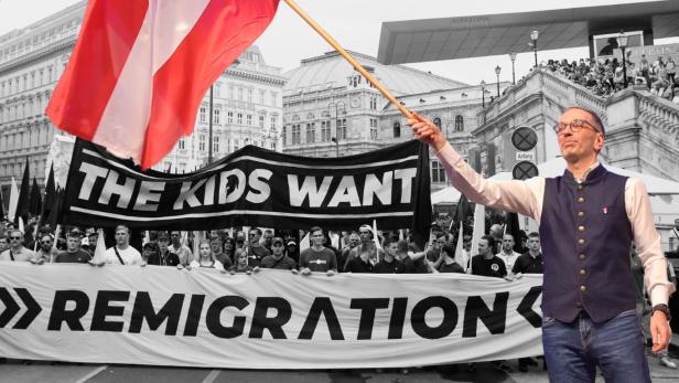 Bildmontage: Herbert Kickl schwenkt eine Fahne vor einem Schwarz-Weiß-Bild einer Demonstration der Identitären