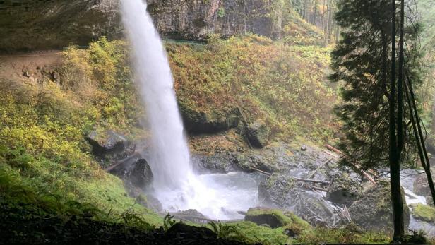 Wasserfall im Silver Falls State Park mit Blick aus einer Höhle.