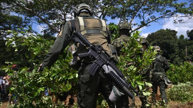 Bewaffnete Soldaten in Tarnkleidung bewegen sich durch dichtes Buschland.