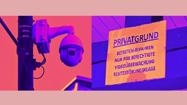 Überwachungskamera und Schild, das vor Klagen warnt