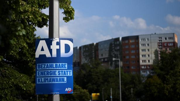 AfD-Wahlplakat an einem Mast vor Wohnblöcken und Bäumen mit dem Slogan „Bezahlbare Energie statt Klimawahn“.