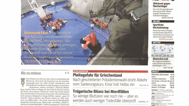 Titelseite des Kurier vom 30. Dezember 2014 mit Nachrichten über Skispringen und eine Schiffsrettung.