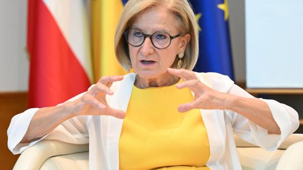 Die Politikerin Johanna Mikl-Leitner spricht gestikulierend vor österreichischen und europäischen Flaggen.