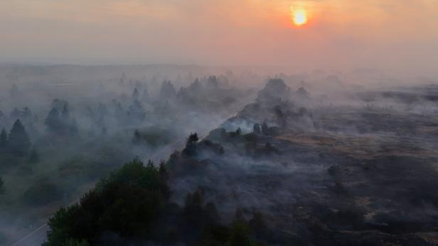 Wildfire burning in the High Fens (Hautes Fagnes) region in Belgium