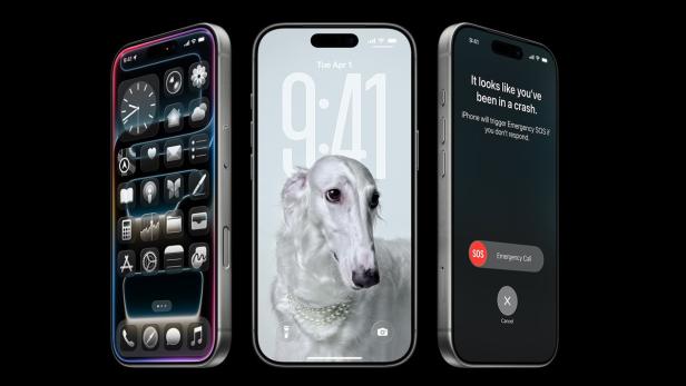 Drei iPhones mit 9:41 auf den Displays vor schwarzem Hintergrund.