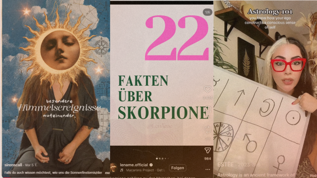 Man sieht drei Screenshot von Astrologie-Influencern, wie sie vor der Kamera etwas zum Thema Astrologie erklären.