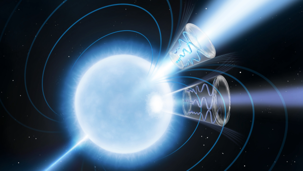 Künstlerische Datstellung des blau-weiß-leuchtenden Neutronensterns mit eingezeichneten Magnetfeldlinien