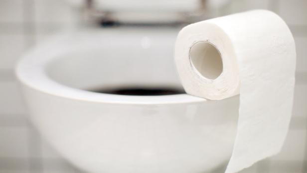 Eine Rolle Toilettenpapier liegt auf dem Rand einer Toilette.