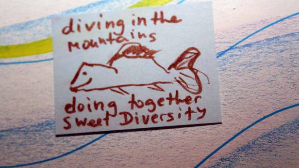 Eine Notiz mit einer Zeichnung eines Fisches und den Worten „diving in the mountains, doing together sweet Diversity“.