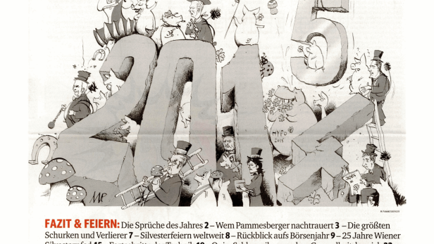 Karikatur zum Jahreswechsel im Kurier mit Schweinen, Glücksbringern und Politikern.