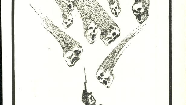 Ein Mann schießt auf eine Gruppe von Totenköpfen, Titel: „VI. Die Schlacht“.