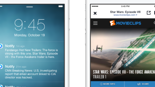 Auf zwei iPhones werden Benachrichtigungen und ein Trailer für „Star Wars: Episode VII“ angezeigt.