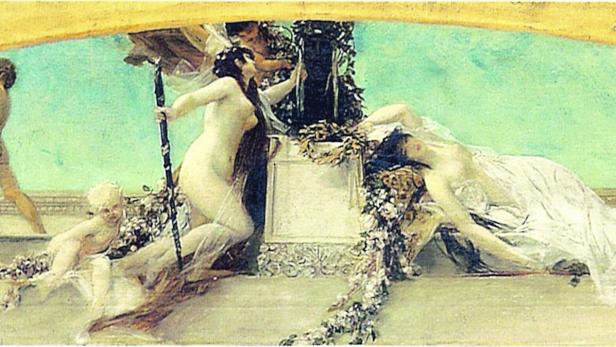 Gustav Klimt malte vier Gemälde: „Thespiskarren“, „Theater in Taormina“, „Shakespeares Globetheater“ und – im Bild oben – „Der Altar des Dionysos“ (Entwurf für das Deckengemälde im Burgtheater), 1886